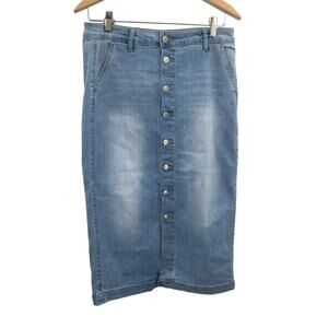 D. Jeans Vintage 80s Button Front Straight Pencil Midi Jean Skirt Denim Blue 10